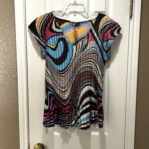 MILANO Womens Sz Lg Colorful Abstract Accordion Pleated Stretch Satin Y2K Retro